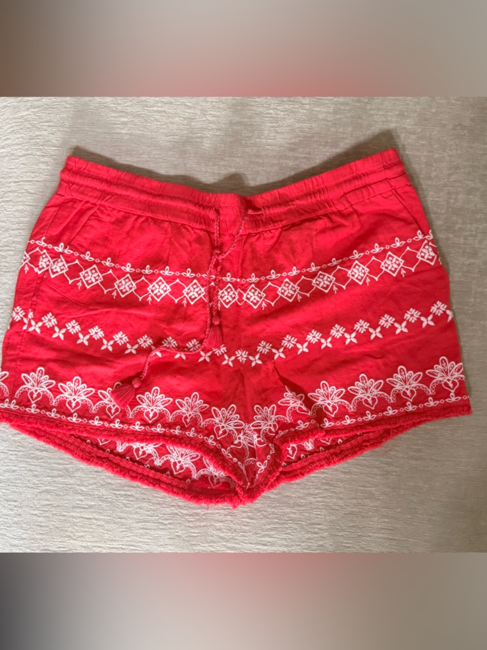 LOFT Red Embroidered Crochet Trim Shorts